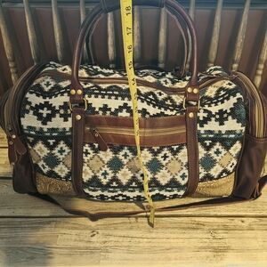 Brown and Cream Patterned Men's Bag Myra Bags Leather And Canvas Duffle